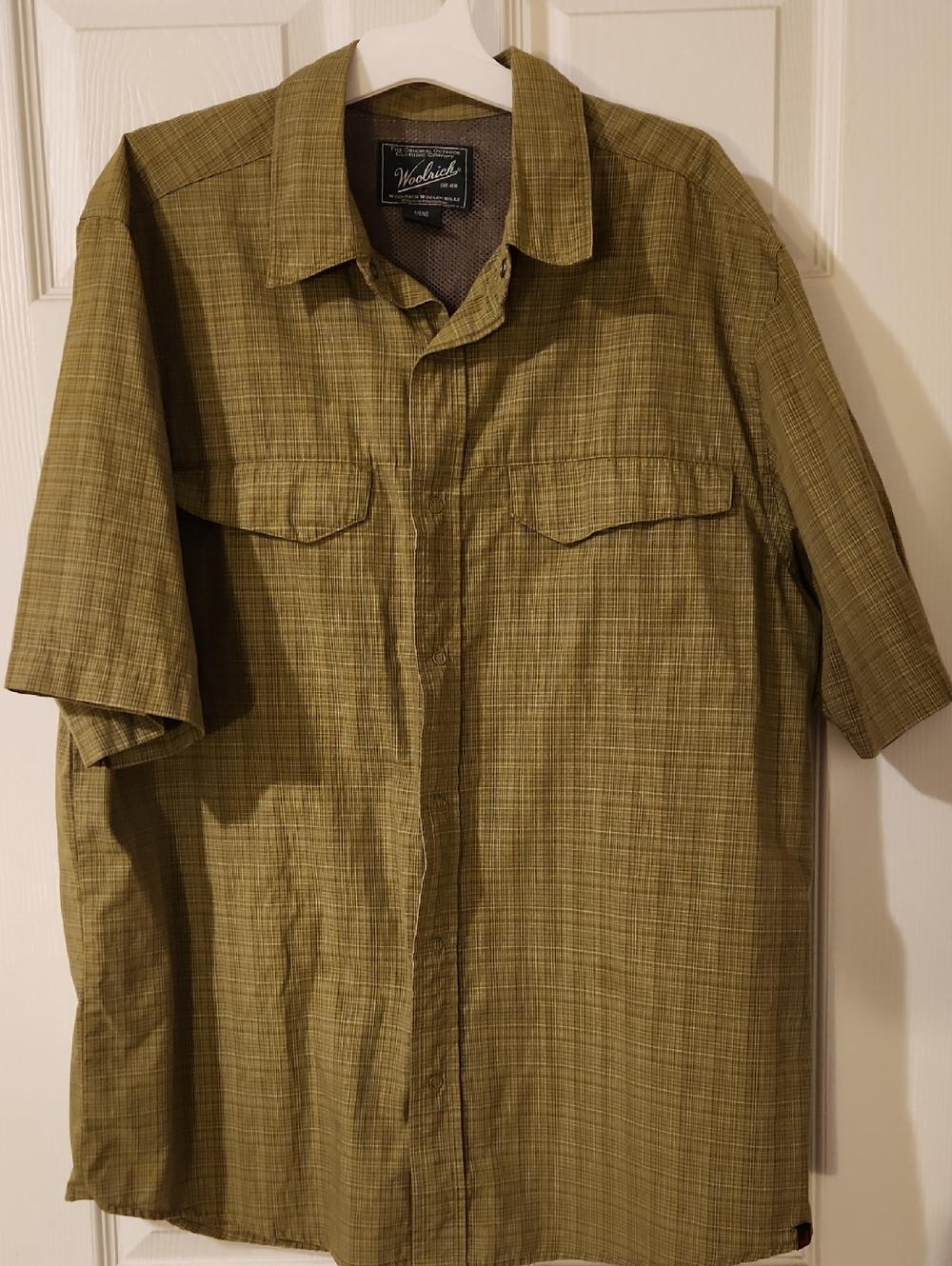 Woolrich Olive Green Plaid Short-Sleeve Shirt Snap Closures Sz L